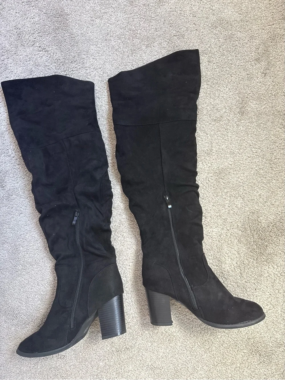 Black Suede Knee-High Block Heel Boots - Worn once